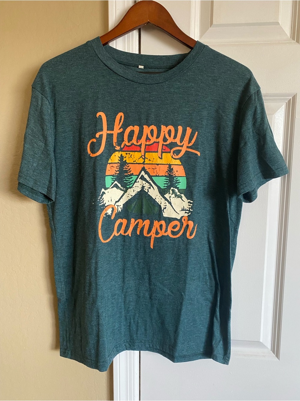 Happy Camper Mountain Graphic Tee L Teal Retro Outdoors Camping T Shirt